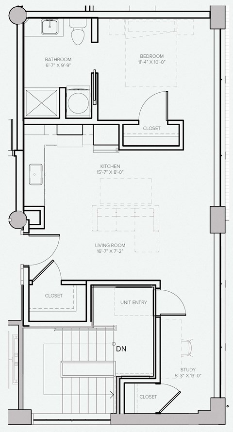 Floor plan for 1 bed, 1 bath, 574 sqft